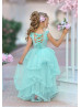 Seafoam Blue Tulle Gold Lace Corset Back Flower Girl Dress
